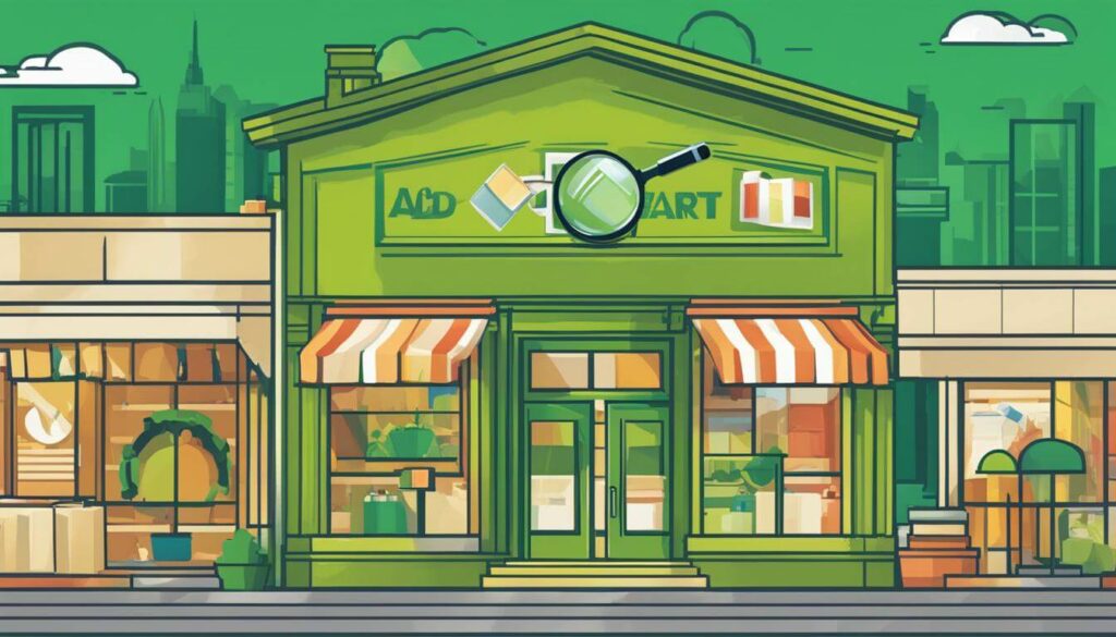 a green store front with a magnifying glass